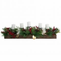 Fraser Hill Farm 42-inch 5-Candle Holder Centerpiece W/ Pine, Red Berries, Gold Leaf Accents In Wooden Box -Christmas store unnamed file 1152