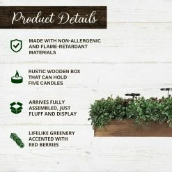 Fraser Hill Farm 42-inch 5-Candle Holder Centerpiece W/ Boxwood Greenery, Red Berries In Wooden Box -Christmas store unnamed file 1157