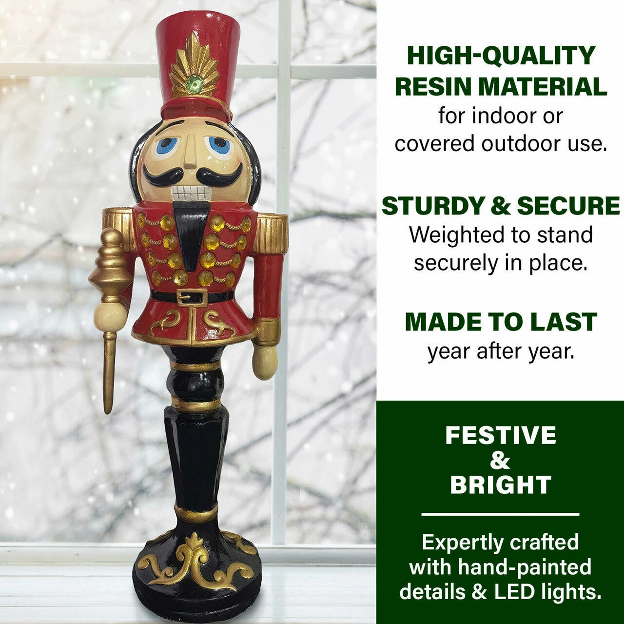 Fraser Hill Farm 3-Ft. Nutcracker Toy Soldier On A Pedestal Base, Resin Statue W/ LED Lights 6 Fraser Hill Farm 3-Ft. Nutcracker Toy Soldier On A Pedestal Base, Resin Statue W/ LED Lights - Image 6