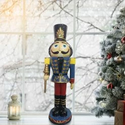 Fraser Hill Farm 3-Ft. Nutcracker Toy Soldier Holding Staff, Resin Statue W/ LED Lights -Christmas store unnamed file 1503