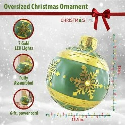 Fraser Hill Farm 18-In. Green Resin Oversized Christmas Ornament W/ Snowflake Pattern And LED Lights -Christmas store unnamed file 1526