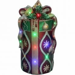 Fraser Hill Farm 26" Tall Round Gift Box W/ Bow In Red/Gold W/ Long-Lasting LED Lights