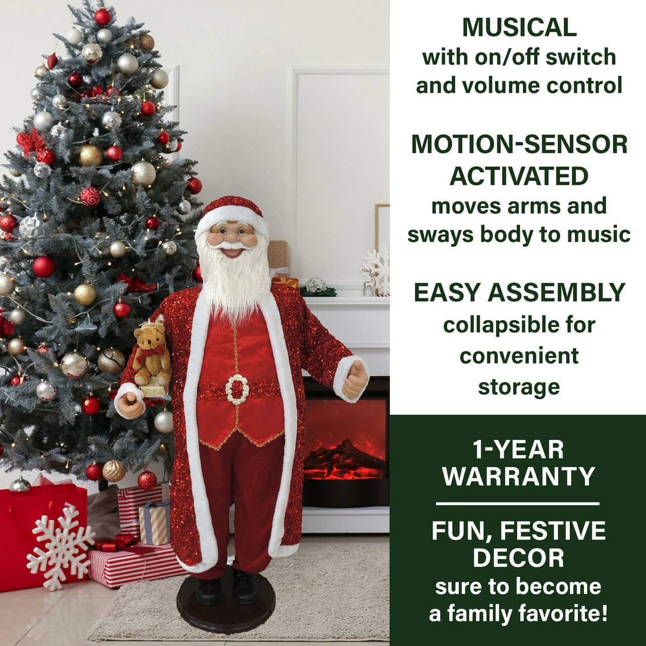 Fraser Hill Farm 58-In. Dancing Santa In Red Sequin Suit With Teddy Bear And Wrapped Gifts, Animated Christmas Decorations, Holiday Home Décor 3 Fraser Hill Farm 58-In. Dancing Santa In Red Sequin Suit With Teddy Bear And Wrapped Gifts, Animated Christmas Decorations, Holiday Home Décor - Image 3