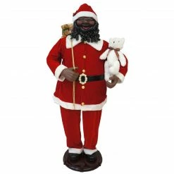 Fraser Hill Farm 58-In. African American Dancing Santa With Toy Sack And Teddy Bear, Animated Christmas Decorations, Holiday Home Décor