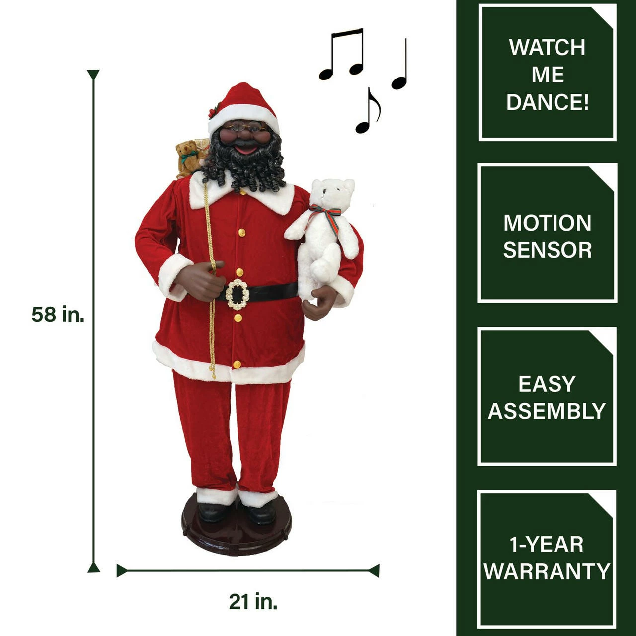 Fraser Hill Farm 58-In. African American Dancing Santa With Toy Sack And Teddy Bear, Animated Christmas Decorations, Holiday Home Décor 3 Fraser Hill Farm 58-In. African American Dancing Santa With Toy Sack And Teddy Bear, Animated Christmas Decorations, Holiday Home Décor - Image 3