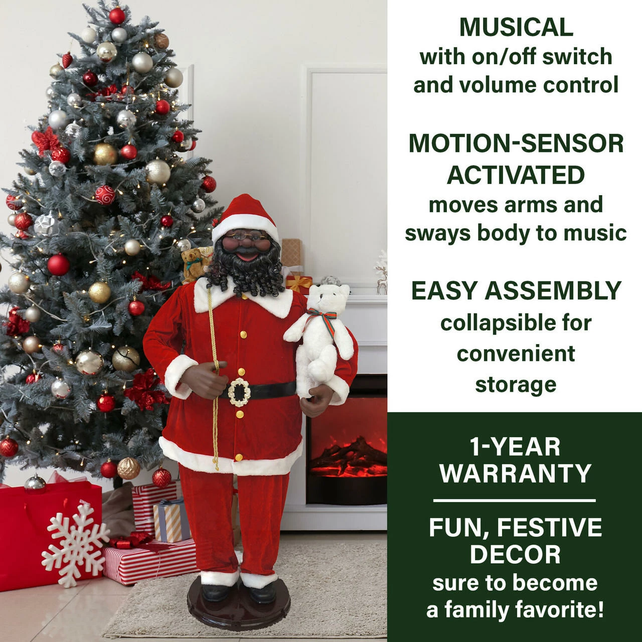 Fraser Hill Farm 58-In. African American Dancing Santa With Toy Sack And Teddy Bear, Animated Christmas Decorations, Holiday Home Décor 4 Fraser Hill Farm 58-In. African American Dancing Santa With Toy Sack And Teddy Bear, Animated Christmas Decorations, Holiday Home Décor - Image 4