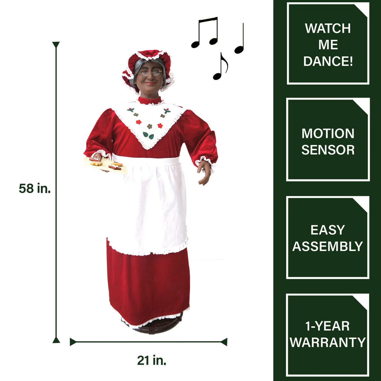 Fraser Hill Farm 58-In. African American Dancing Mrs. Claus With Baking Apron And Cookies, Animated Christmas Decorations, Holiday Home Décor 4 Fraser Hill Farm 58-In. African American Dancing Mrs. Claus With Baking Apron And Cookies, Animated Christmas Decorations, Holiday Home Décor - Image 4