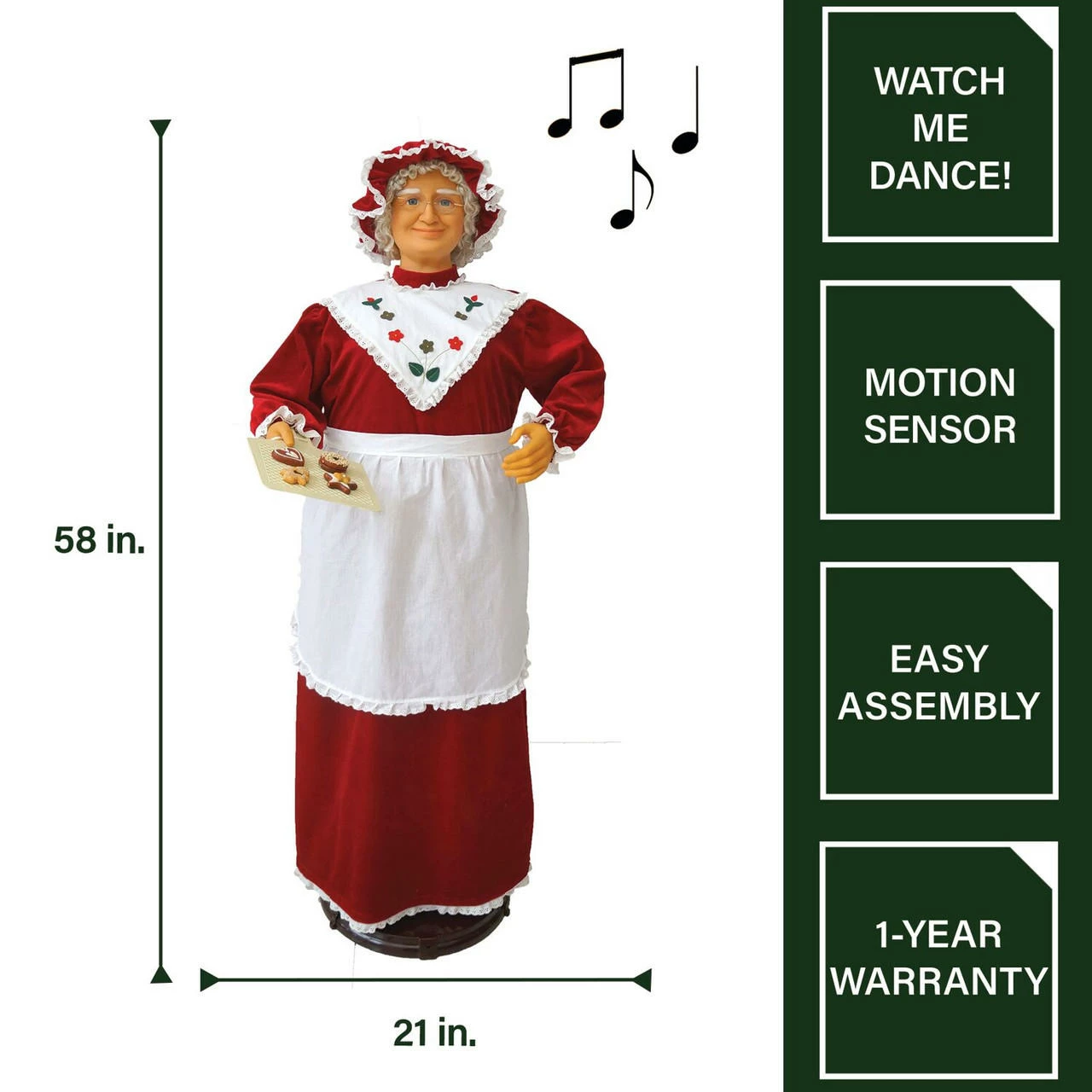 Fraser Hill Farm 58-In. Dancing Mrs. Claus With Baking Apron And Cookies, Animated Christmas Decorations, Holiday Home Décor 3 Fraser Hill Farm 58-In. Dancing Mrs. Claus With Baking Apron And Cookies, Animated Christmas Decorations, Holiday Home Décor - Image 3