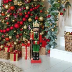 Fraser Hill Farm 32-In. African American Nutcracker Holding Staff Figurine, Festive Indoor Christmas Holiday Decorations, Red/Green -Christmas store unnamed file 1775
