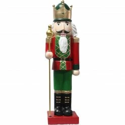 Fraser Hill Farm 32-In. Nutcracker Holding Staff Figurine, Festive Indoor Christmas Holiday Decorations, Red/Green