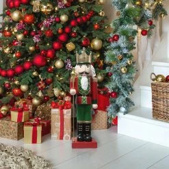 Fraser Hill Farm 32-In. Nutcracker Holding Staff Figurine, Festive Indoor Christmas Holiday Decorations, Red/Green -Christmas store unnamed file 1782