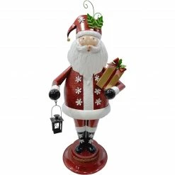 Fraser Hill Farm 50-In. Iron Santa Claus Holding Gift And Lantern With Removable Lawn Stake, Indoor Or Outdoor Christmas Decoration