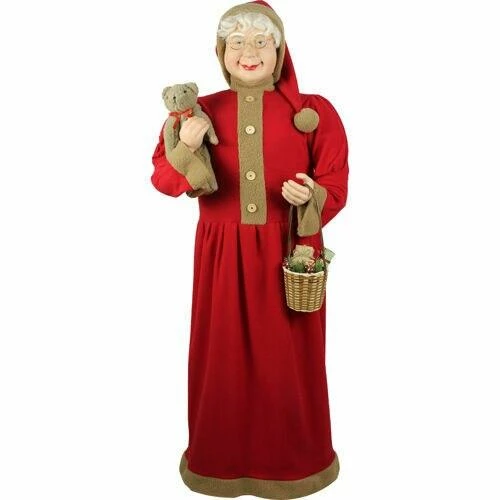 Fraser Hill Farm 5-Ft. Life-Size Standing Mrs. Claus Holding Bear & Basket Wearing Red Plush Dress W/ Sherpa Trim 1 Fraser Hill Farm 5-Ft. Life-Size Standing Mrs. Claus Holding Bear & Basket Wearing Red Plush Dress W/ Sherpa Trim