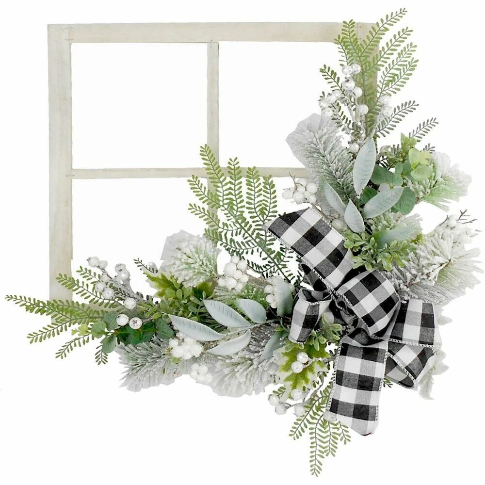 Fraser Hill Farm 24-in. Square Window Frame Door Hanging With Greenery And Plaid Bow 1 Fraser Hill Farm 24-in. Square Window Frame Door Hanging With Greenery And Plaid Bow
