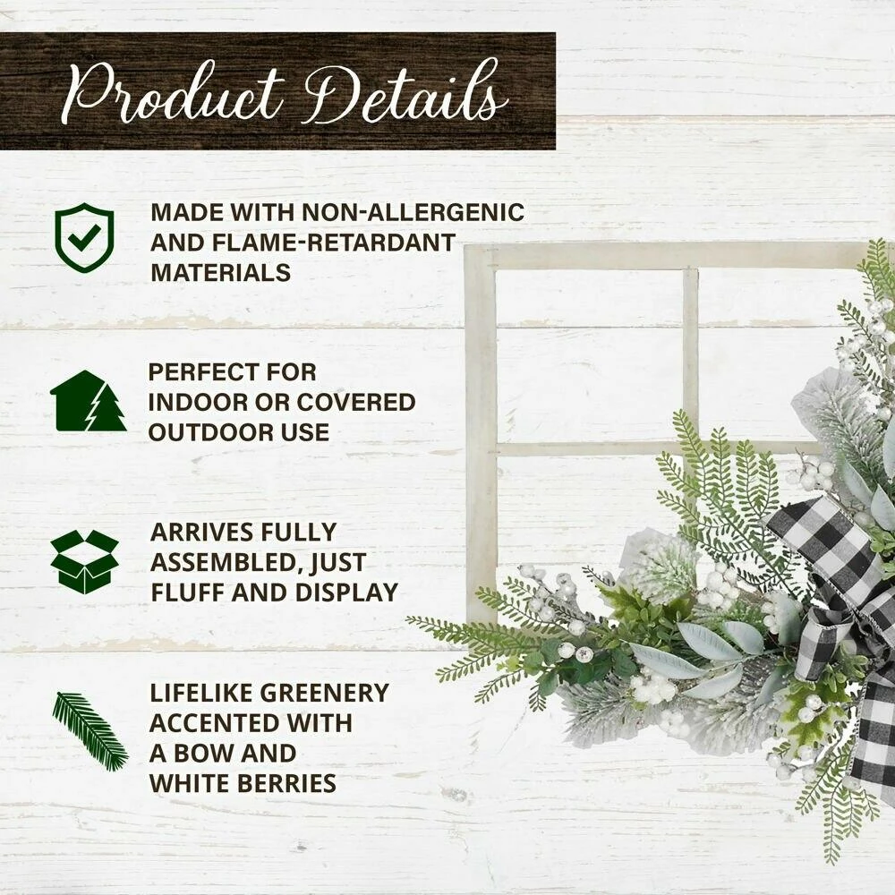 Fraser Hill Farm 24-in. Square Window Frame Door Hanging With Greenery And Plaid Bow 2 Fraser Hill Farm 24-in. Square Window Frame Door Hanging With Greenery And Plaid Bow - Image 2