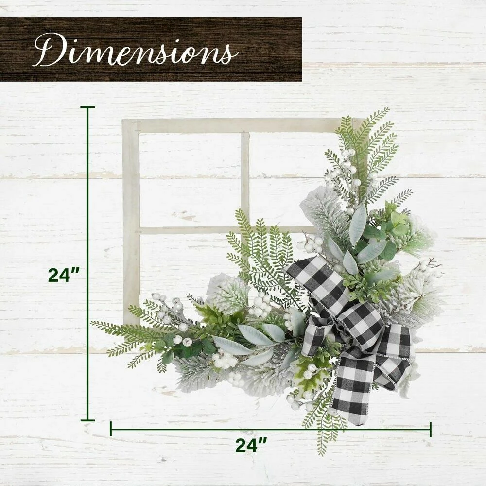 Fraser Hill Farm 24-in. Square Window Frame Door Hanging With Greenery And Plaid Bow 3 Fraser Hill Farm 24-in. Square Window Frame Door Hanging With Greenery And Plaid Bow - Image 3