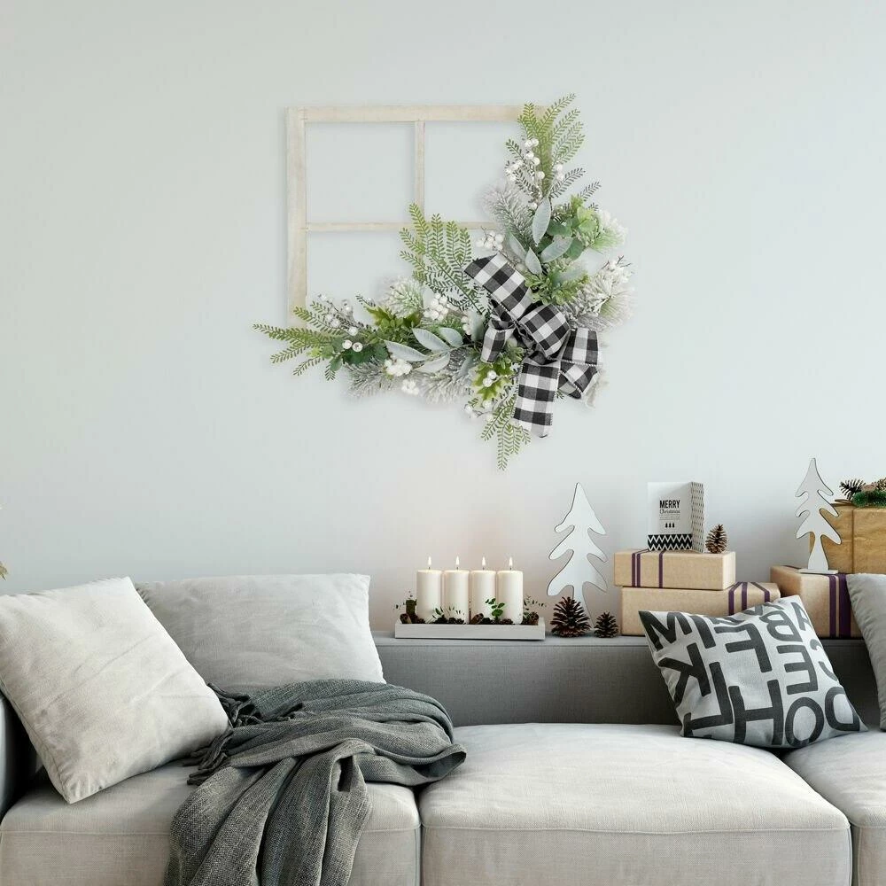 Fraser Hill Farm 24-in. Square Window Frame Door Hanging With Greenery And Plaid Bow 4 Fraser Hill Farm 24-in. Square Window Frame Door Hanging With Greenery And Plaid Bow - Image 4