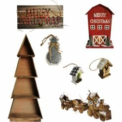 Fraser Hill Farm Woodland 7-Piece Decorating Kit: Tree Shelf, Lighted Barn, Train, Wall Sign, Snowman, 2 Ornaments