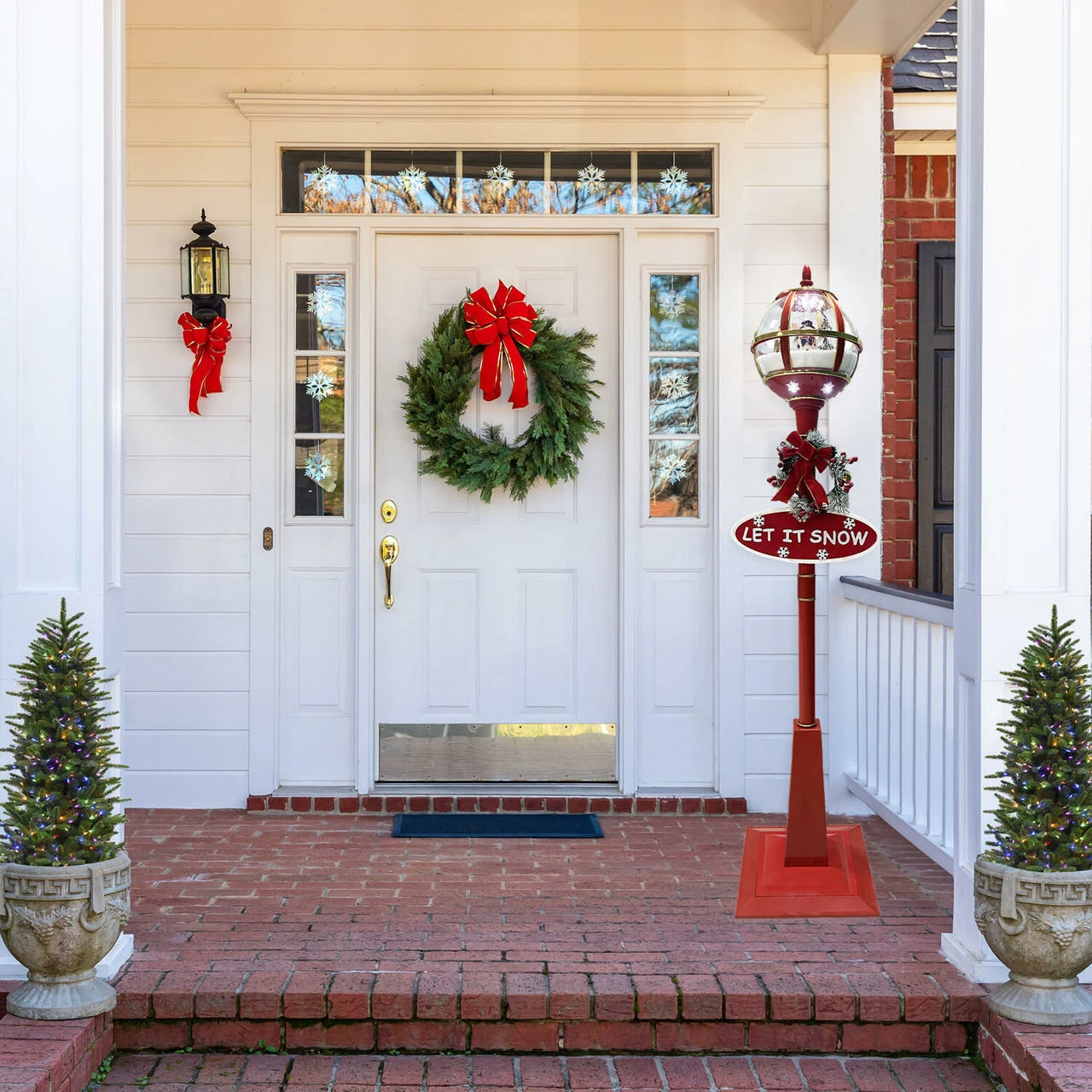 Fraser Hill Farm Let It Snow Series 69-In. Musical Snow Globe Lamp Post With Snowman Scene, 2 Signs, Cascading Snow, And Christmas Carols, Red 2 Fraser Hill Farm Let It Snow Series 69-In. Musical Snow Globe Lamp Post With Snowman Scene, 2 Signs, Cascading Snow, And Christmas Carols, Red - Image 2