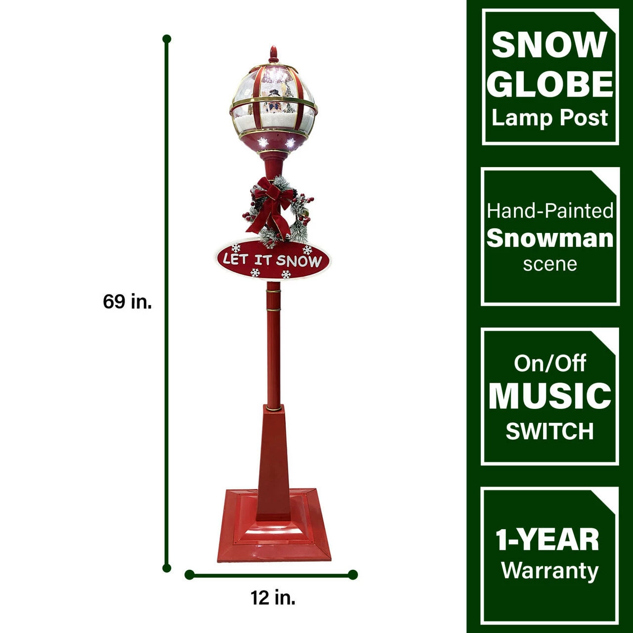 Fraser Hill Farm Let It Snow Series 69-In. Musical Snow Globe Lamp Post With Snowman Scene, 2 Signs, Cascading Snow, And Christmas Carols, Red 5 Fraser Hill Farm Let It Snow Series 69-In. Musical Snow Globe Lamp Post With Snowman Scene, 2 Signs, Cascading Snow, And Christmas Carols, Red - Image 5