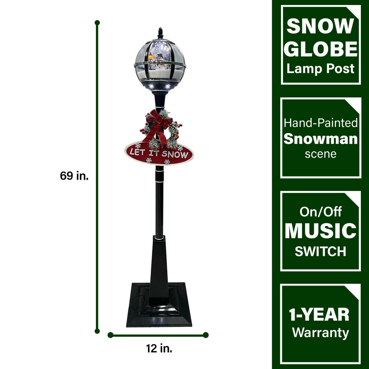 Fraser Hill Farm Let It Snow Series 69-In. Musical Snow Globe Lamp Post W/ Snowman Scene, 2 Signs, Cascading Snow, And Christmas Carols, Black 5 Fraser Hill Farm Let It Snow Series 69-In. Musical Snow Globe Lamp Post W/ Snowman Scene, 2 Signs, Cascading Snow, And Christmas Carols, Black - Image 5