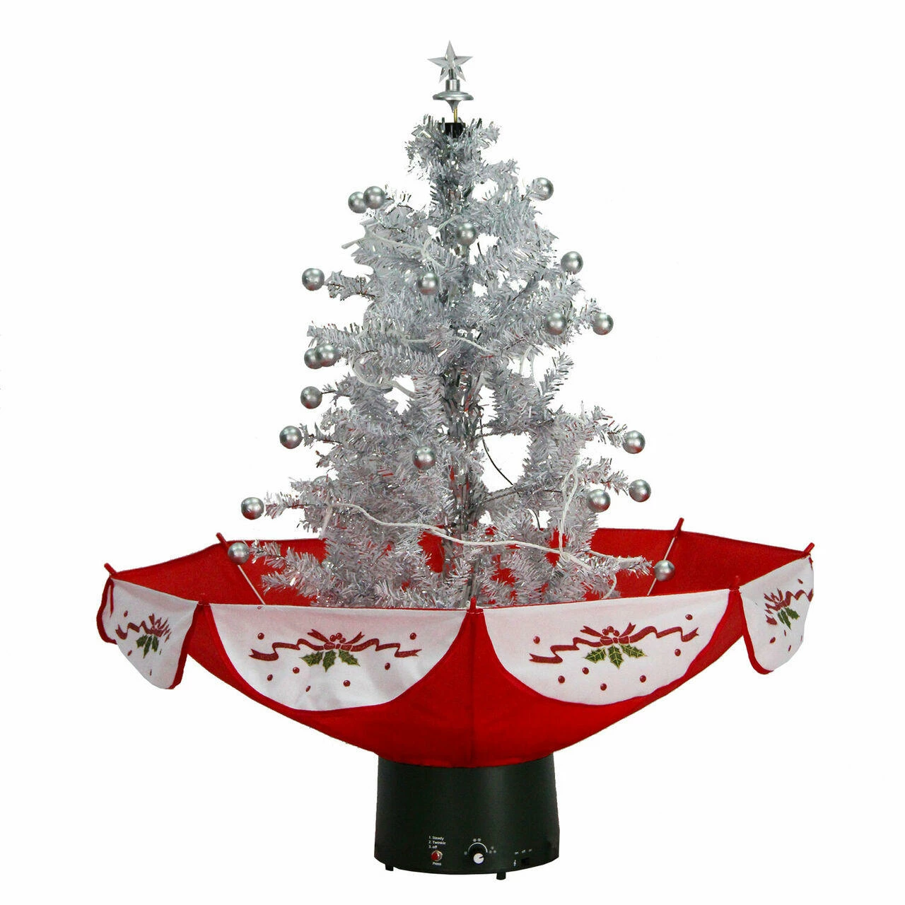 Fraser Hill Farm Let It Snow Series 29-In. White Tree W/ Star Topper And Red Umbrella Base, Animated Musical Snow 1 Fraser Hill Farm Let It Snow Series 29-In. White Tree W/ Star Topper And Red Umbrella Base, Animated Musical Snow