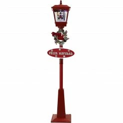 Fraser Hill Farm Let It Snow Series 71" Musical Street Lamp In Red W/ Snowman Trio, 2 Signs, Cascading Snow, Carols