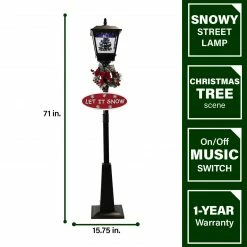 Fraser Hill Farm Let It Snow Series 71" Musical Street Lamp, Black W/ Christmas Tree, 2 Signs, Cascading Snow, Music -Christmas store unnamed file 2393