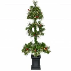Fraser Hill Farm 4-Ft. Porch Tree Topiary In Black Pot With Pinecones, Berries, And Warm White LED Lights