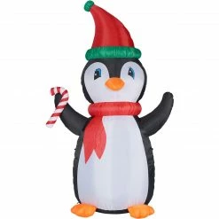 Fraser Hill Farm 10-Ft. Tall Penguin W/ Candy Cane, Inflatable W/ RGB Lights, Storage Bag
