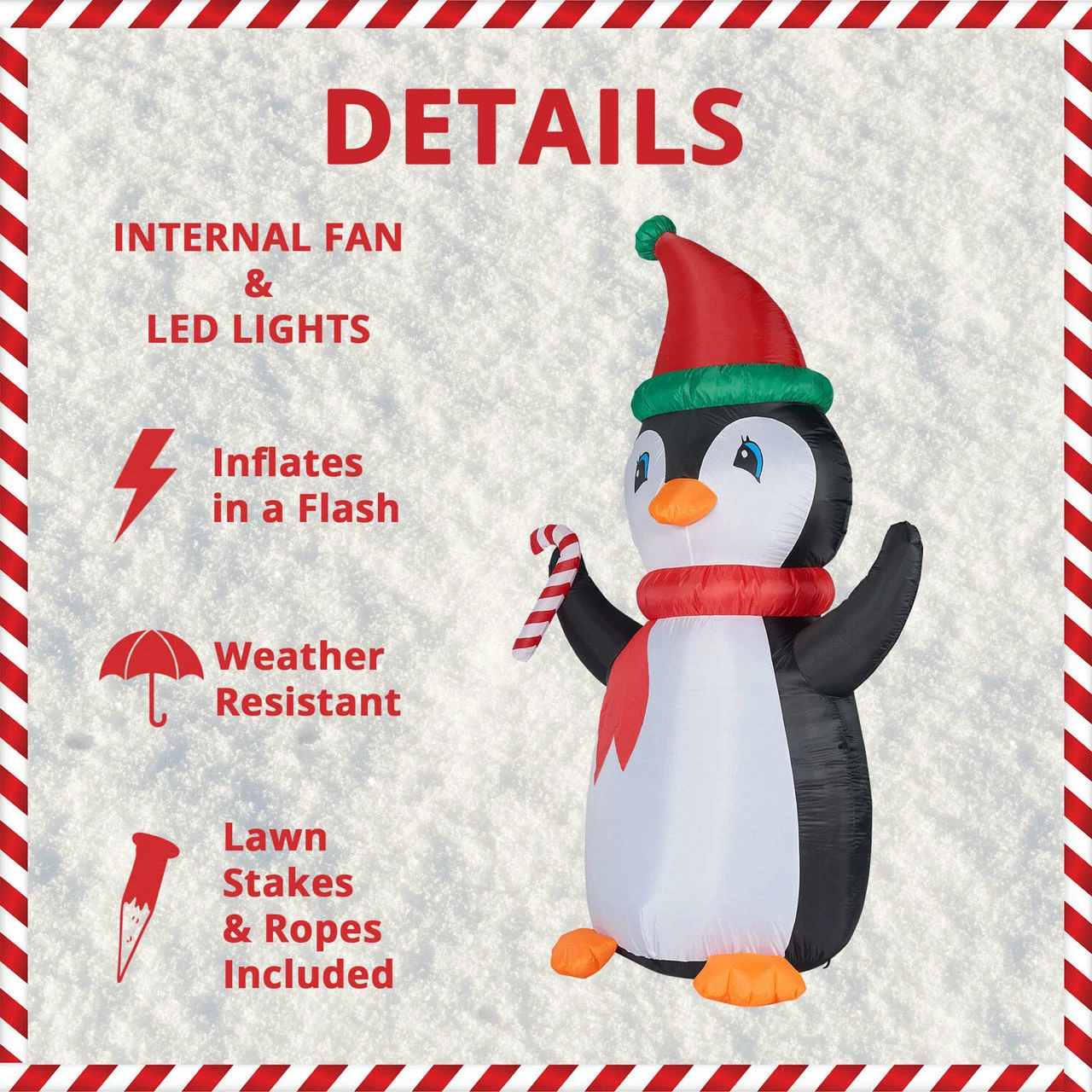Fraser Hill Farm 10-Ft. Tall Penguin W/ Candy Cane, Inflatable W/ RGB Lights, Storage Bag 3 Fraser Hill Farm 10-Ft. Tall Penguin W/ Candy Cane, Inflatable W/ RGB Lights, Storage Bag - Image 3