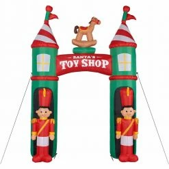 Fraser Hill Farm 10-Ft. Santa's Toy Shop Archway W/ Toy Soldiers, Rocking Horse, Inflatable W/ Lights, Storage Bag