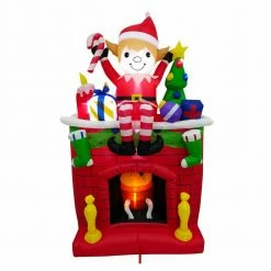 Fraser Hill Farm 6.5-Ft. Tall Inflatable Elf Sitting On Fireplace W/ LED Flickering Firelight, Blow-Up