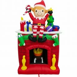 Fraser Hill Farm 6.5-Ft. Tall Inflatable Elf Sitting On Fireplace W/ LED Flickering Firelight, Blow-Up -Christmas store unnamed file 2846