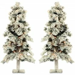 Fraser Hill Farm Set Of Two 2-Ft. Snowy Alpine Trees With Clear Lights