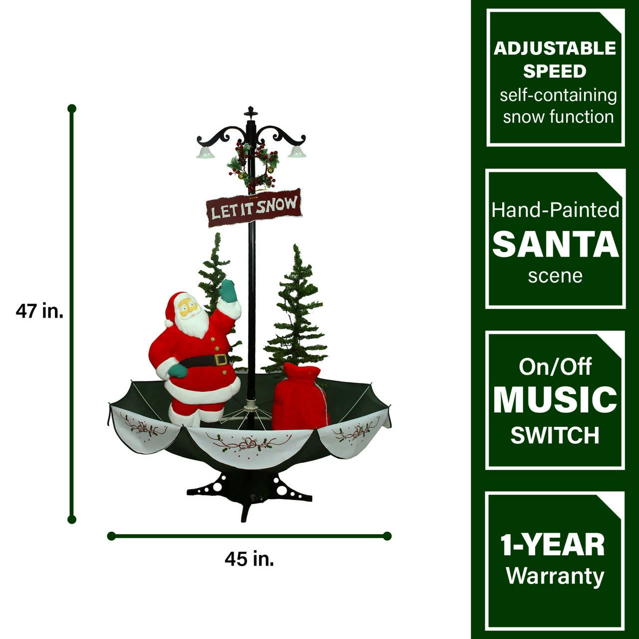 Fraser Hill Farm Let It Snow Series 47-In. Red Santa With Green Umbrella Base, Animated Musical Snow Decoration 2 Fraser Hill Farm Let It Snow Series 47-In. Red Santa With Green Umbrella Base, Animated Musical Snow Decoration - Image 2