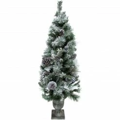 Fraser Hill Farm 4-Ft. Christmas Snow Flocked Porch Tree W/ Oversized Pinecones In Pot