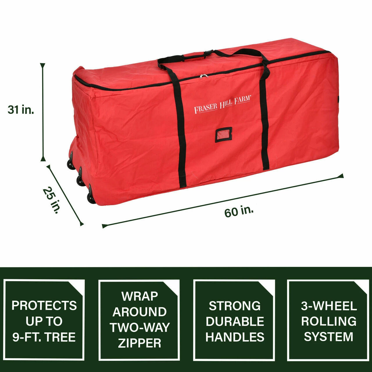 Fraser Hill Farm 3-Wheel Rolling Storage Bag For Christmas Trees Up To 9 Ft, Red 3 Fraser Hill Farm 3-Wheel Rolling Storage Bag For Christmas Trees Up To 9 Ft, Red - Image 3