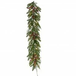 Fraser Hill Farm 9-ft Garland With Pinecones, Red Berries, And Warm White LED Lights