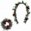 Fraser Hill Farm Frosted 24-in Wreath And 9-ft Garland Set W/ Red Berries, Plaid Bows, Rustic Bells