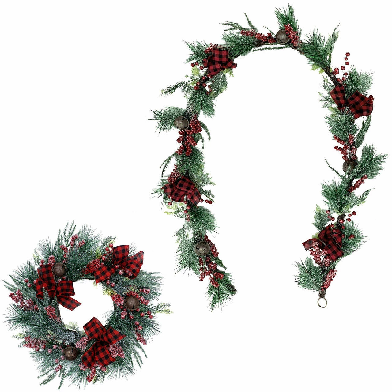 Fraser Hill Farm Frosted 24-in Wreath And 9-ft Garland Set W/ Red Berries, Plaid Bows, Rustic Bells 1 Fraser Hill Farm Frosted 24-in Wreath And 9-ft Garland Set W/ Red Berries, Plaid Bows, Rustic Bells