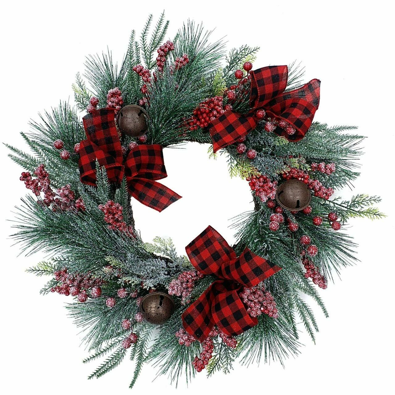 Fraser Hill Farm Frosted 24-in Wreath And 9-ft Garland Set W/ Red Berries, Plaid Bows, Rustic Bells 3 Fraser Hill Farm Frosted 24-in Wreath And 9-ft Garland Set W/ Red Berries, Plaid Bows, Rustic Bells - Image 3