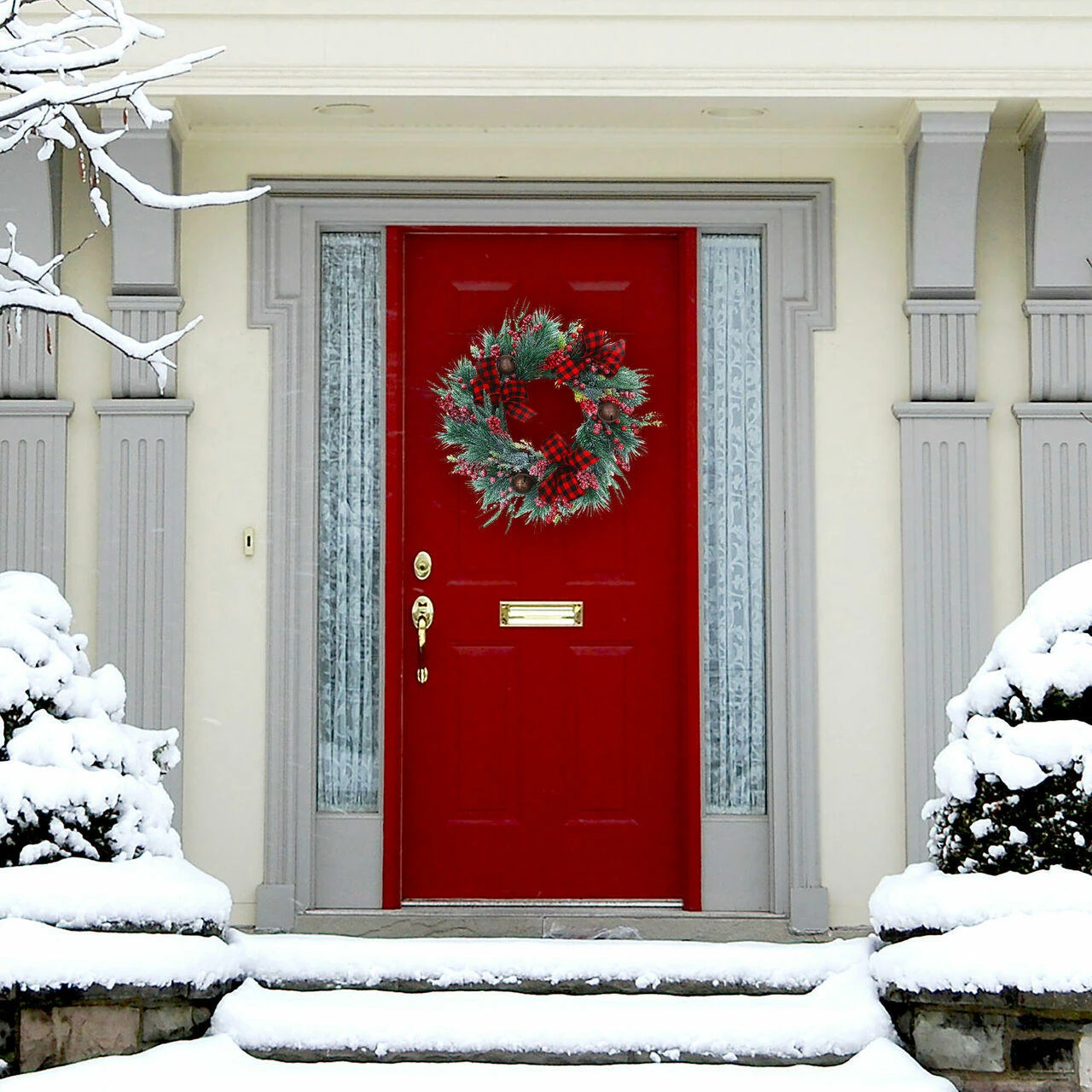 Fraser Hill Farm Frosted 24-in Wreath And 9-ft Garland Set W/ Red Berries, Plaid Bows, Rustic Bells 4 Fraser Hill Farm Frosted 24-in Wreath And 9-ft Garland Set W/ Red Berries, Plaid Bows, Rustic Bells - Image 4