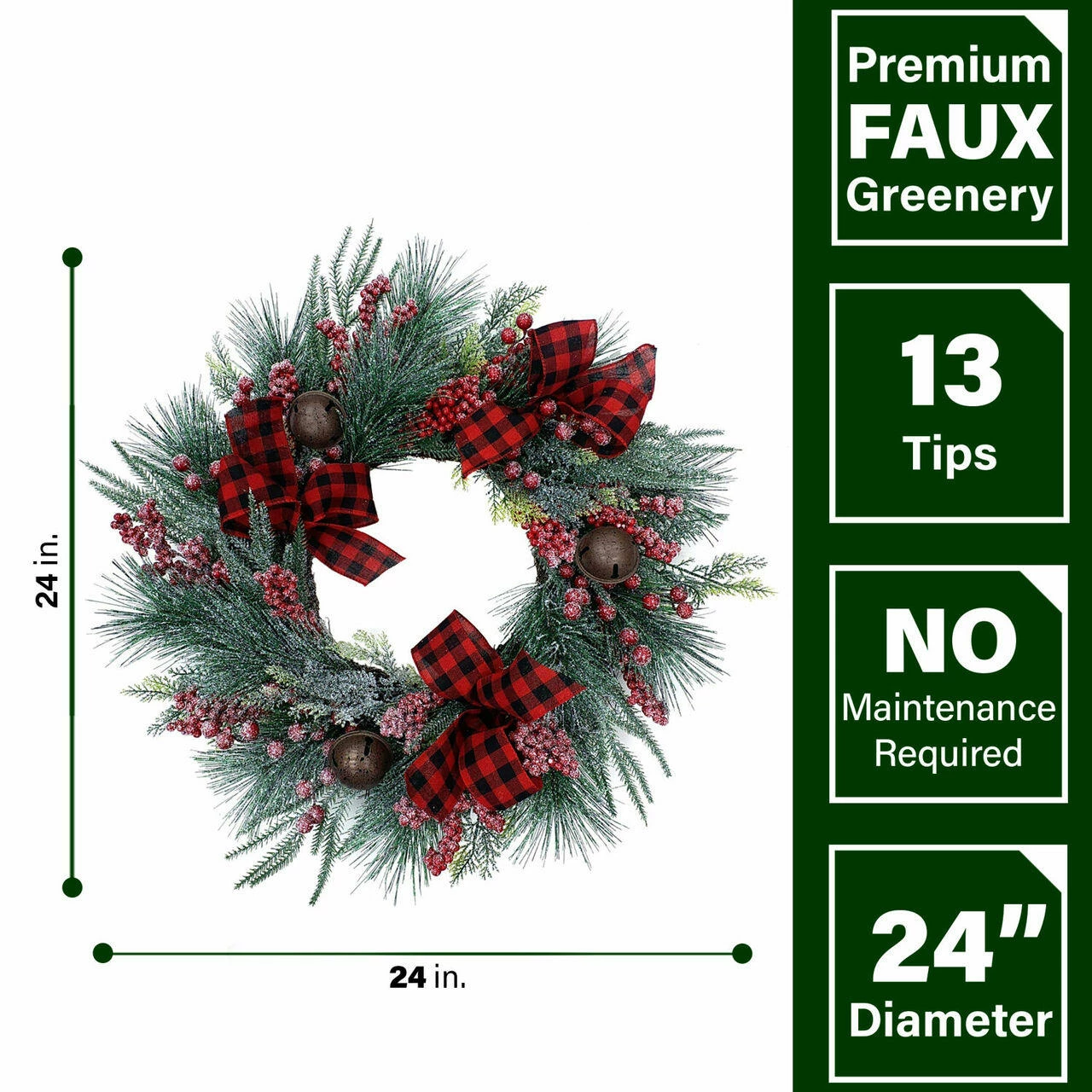Fraser Hill Farm Frosted 24-in Wreath And 9-ft Garland Set W/ Red Berries, Plaid Bows, Rustic Bells 5 Fraser Hill Farm Frosted 24-in Wreath And 9-ft Garland Set W/ Red Berries, Plaid Bows, Rustic Bells - Image 5