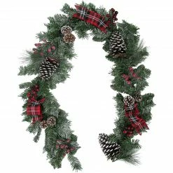Fraser Hill Farm 6-Ft. Christmas Lightly Frosted Garland W/ Pinecones, Berries, And Plaid Bows