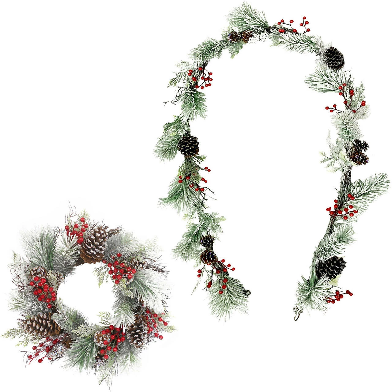 Fraser Hill Farm Frosted Pine 24-in. Wreath And 9-ft. Garland Set With Red Berries And Pinecones 1 Fraser Hill Farm Frosted Pine 24-in. Wreath And 9-ft. Garland Set With Red Berries And Pinecones
