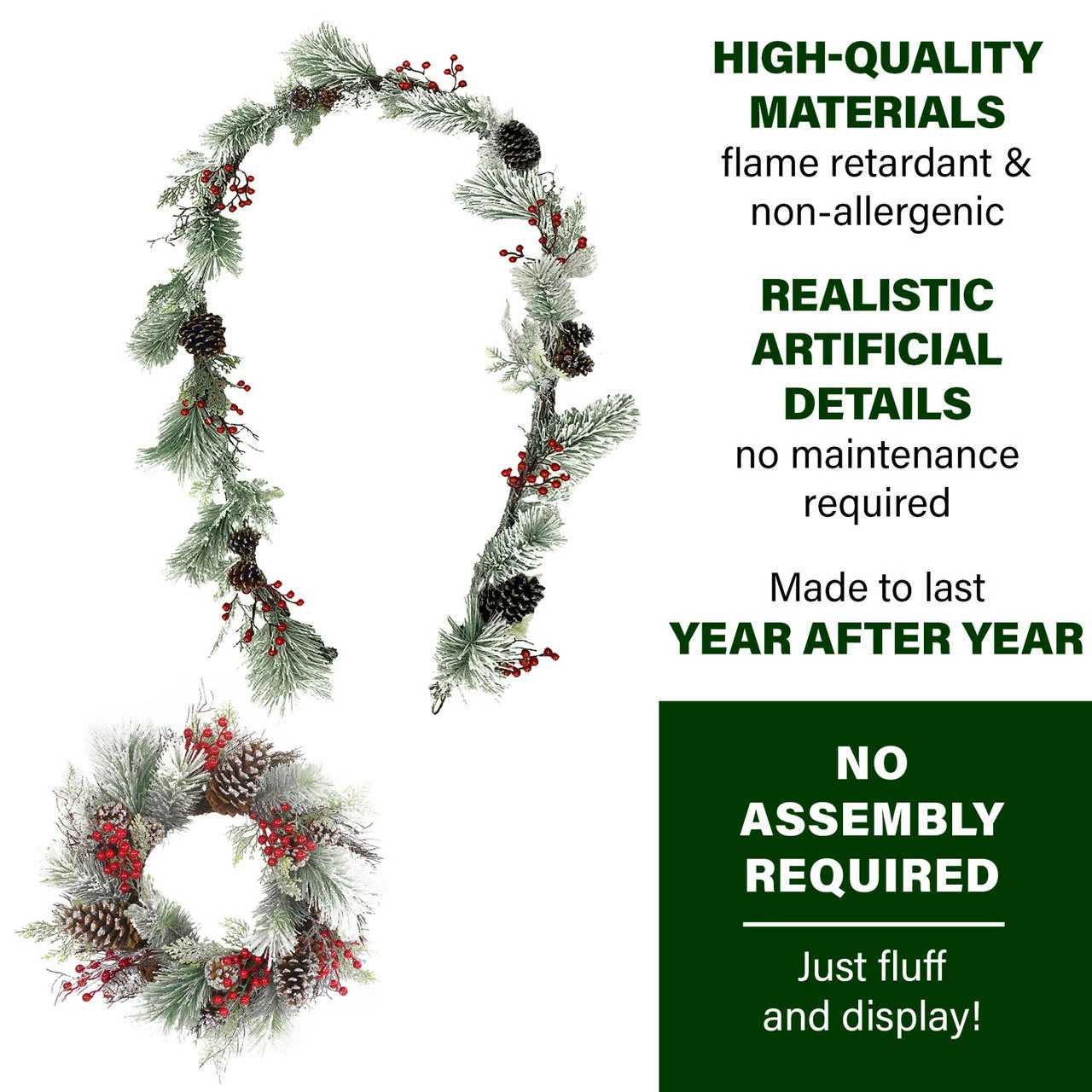 Fraser Hill Farm Frosted Pine 24-in. Wreath And 9-ft. Garland Set With Red Berries And Pinecones 2 Fraser Hill Farm Frosted Pine 24-in. Wreath And 9-ft. Garland Set With Red Berries And Pinecones - Image 2