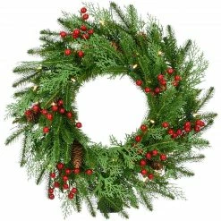 Fraser Hill Farm 24-in Wreath With Pinecones, Red Berries, And Warm White LED Lights