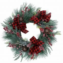 Fraser Hill Farm 24-In. Frosted Wreath With Red Berries, Plaid Bows, And Rustic Sleigh Bells
