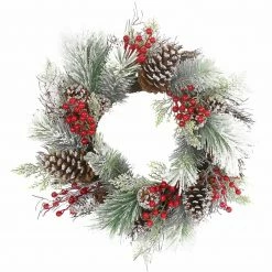 Fraser Hill Farm 24-In. Frosted Pine Wreath With Red Berries And Pinecones